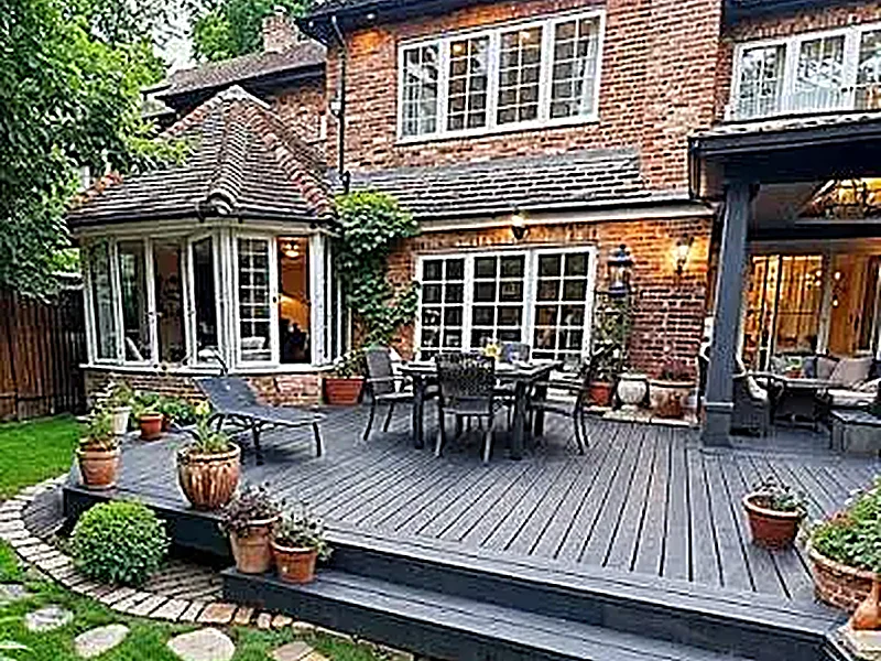 Gray composite deck with steps and stone path in the Smokies